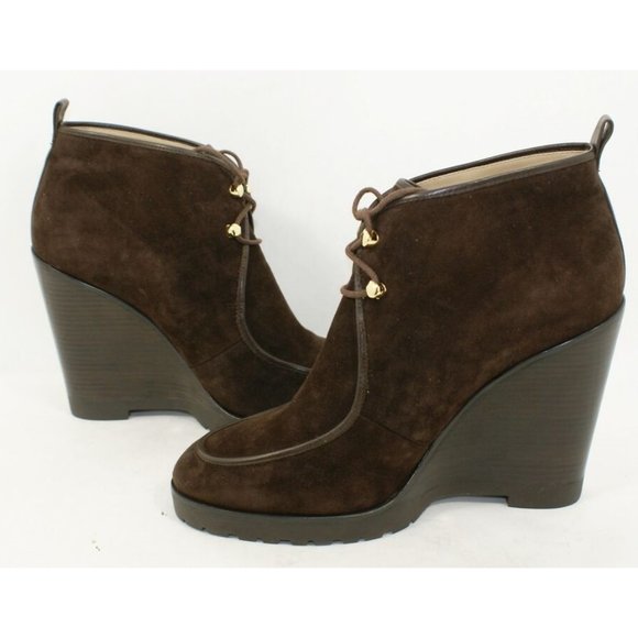 $600 Michael Kors Collection Beth Wedge Booties Boot Rich Suede Brown 37.5 (Z1) - Picture 2 of 8